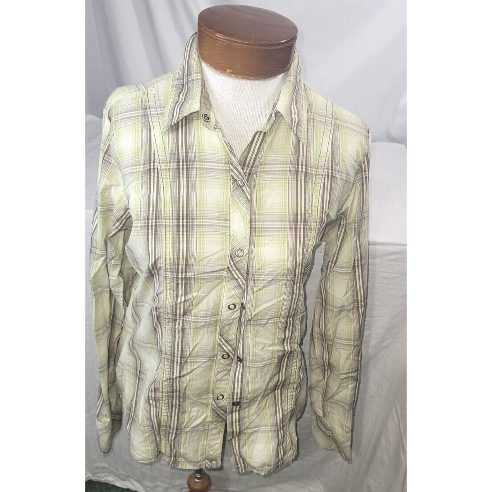 The North Face A5 Series Womens Med Green Brown Plaid Metal Snap Button Up Shirt